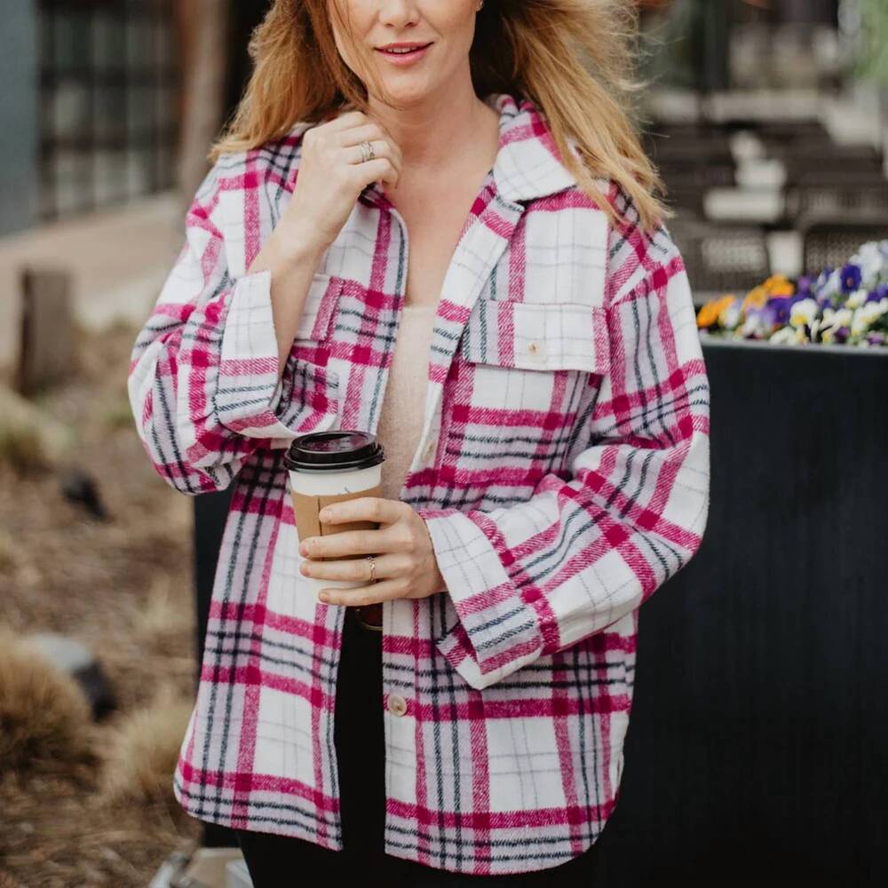 NEW KATYDID plaid passion shacket in magenta purple